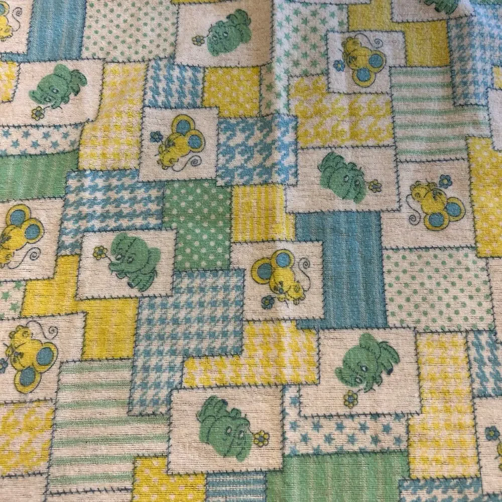 Vtg Baby Security Blanket Pastel Square Pattern Elephants Mice Blue Yellow Green